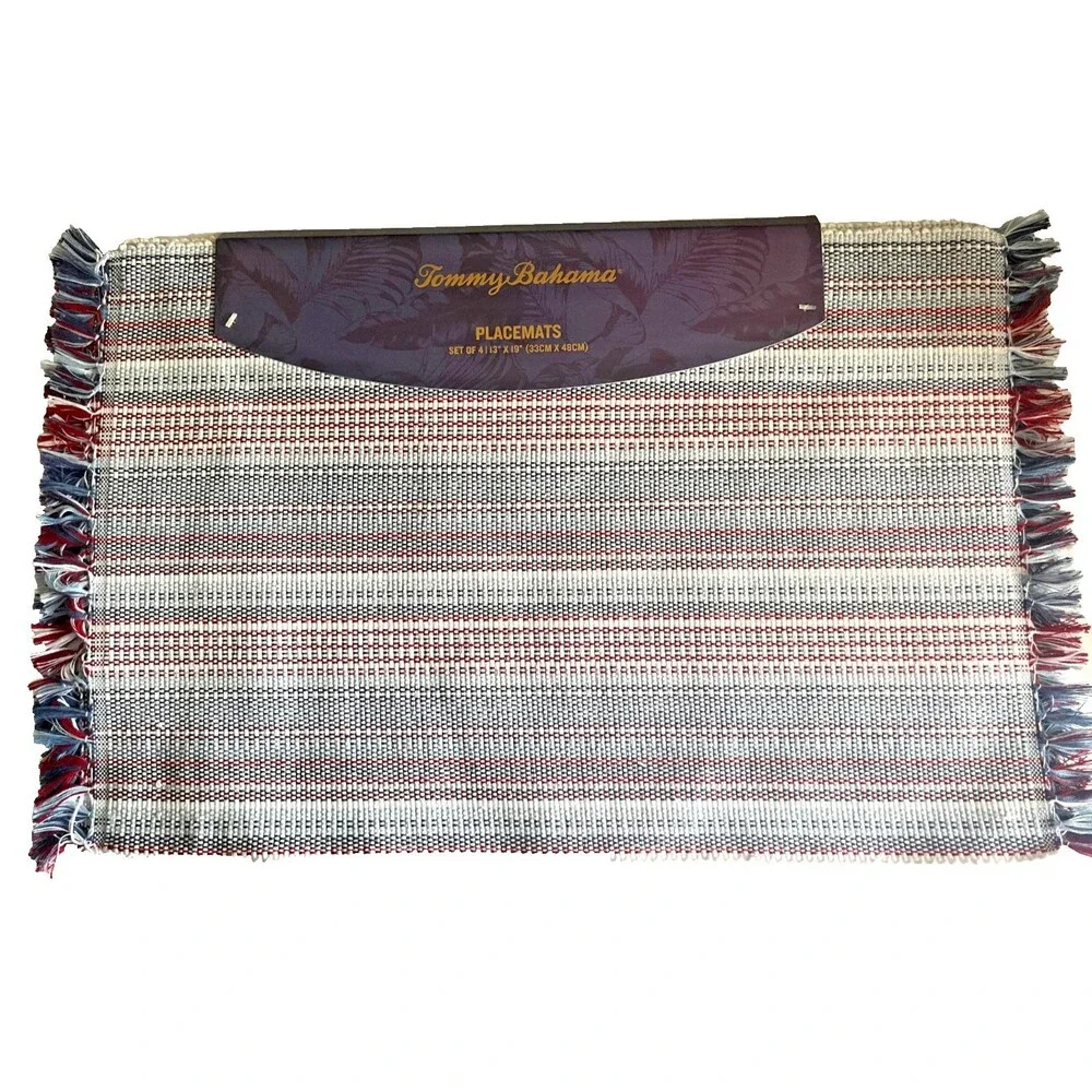 Tommy Bahama 4th of July Fringed Striped Placemats Reversible Washable Set of 4